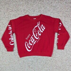Coca-Cola Sweatshirt Big Logo Womens MED Cropped Red Enjoy Coke Is It Sleeve Hit